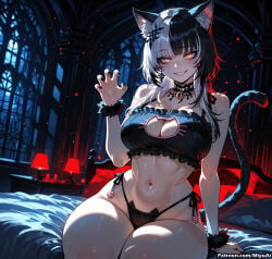 1girl ai_assisted ai_generated animal_ears bangs bare_shoulders bell black_bra black_hair black_panties blunt_bangs blush bra breasts cat_cutout cat_ear_panties cat_ears cat_lingerie cat_tail choker claw_pose cleavage cleavage_cutout collarbone curvaceous curvy curvy_female curvy_figure eyebrows_visible_through_hair facial_mark female frills grin hand_up hololive large_breasts lingerie long_hair looking_at_viewer meme_attire miyuai multiple_tails navel panties red_eyes shiori_novella short_hair side-tie_panties sitting smile solo stomach tail thick thick_ass thick_butt thick_hips thick_legs thick_thighs thighhighs thighs underwear underwear_only virtual_youtuber voluptuous voluptuous_female wide_hips wide_thighs