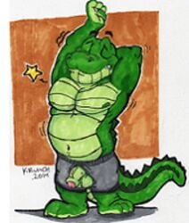 2014 alligator balls belly boxes krunch34 male male_only no_humans pecs penis scalie solo stretch