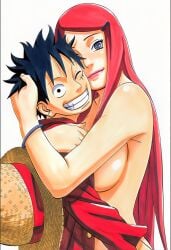 1boy 1girls accurate_art_style accurate_body_type affectionate age_difference ai_generated bare_shoulders belly_button big_breasts black_hair blue_eyes bracelet breasts cheek-to-cheek clothed clothed_male_nude_female clothing completely_nude completely_nude_female crossover curvy curvy_figure duo duo_focus embrace eyelashes female full_color grin hair_accessory hair_ornament hairclip hand_in_hair hand_on_another's_head happy hat head_grab high_resolution highres hug jewelry kushina_uzumaki large_breasts light-skinned_female light_skin line_art lineart lipstick long_hair looking_at_viewer male manga_style masashi_kishimoto_style mature_female milf monkey_d_luffy narrow_waist naruto naruto_(series) naruto_shippuden no_bra no_panties nude nude_female official_style one_eye_closed one_piece open_mouth_smile pinup red_hair red_shirt scar scar_on_face shiny shiny_hair shiny_skin short_hair sideboob simple_background slim smile smooth_skin soft_shading standing straw_hat teeth_showing thin_eyebrows topless unworn_hat unworn_headwear uzumaki_kushina waist white_background wristwear