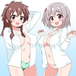 2d 2d_artwork 2girls :d arm_behind_back arm_behind_head arm_up blue_background blush bow bow_panties breasts brown_eyes brown_hair collarbone color commentary_request covered_erect_nipples cowboy_shot genderswap genderswap_(mtf) gradient_background green_panties grey_eyes grey_hair hair_bobbles hair_ornament highres large_breasts long_hair long_sleeves looking_at_viewer medium_boobies medium_hair multiple_girls navel nearly_naked_shirt no_ai no_bra no_bra_under_clothes no_pants one_side_up onii-chan_wa_oshimai! open_clothes open_mouth open_shirt panties pink_panties sakurada_yuuta sakuzo senkawa_minato sidelocks simple_background smile underwear w_arms