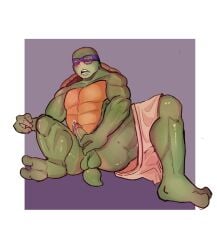2_toes 3_fingers anthro balls bodily_fluids clothed clothing clothing_around_one_leg coki6sip digital_media_(artwork) donatello_(tmnt) erection eyewear feet fingers genital_fluids genitals glasses half-closed_eyes hand_on_penis hi_res humanoid_genitalia humanoid_penis leaking_precum male mask masturbation narrowed_eyes open_mouth partially_clothed penile penile_masturbation penis precum precum_string reptile scalie shell simple_background sitting solo spread_legs spreading tail teenage_mutant_ninja_turtles teeth toes turtle underwear underwear_around_one_leg underwear_down wearing_glasses