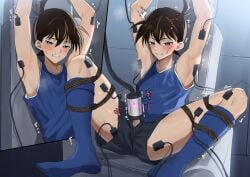 1boy 2d 2d_(artwork) 2d_artwork armpits arms_above_head blue_socks blue_tank_top blush_lines blushing bondage brown_hair chair clenched_teeth clothed clothed_male cowlick detective detective_conan erect_penis erection eyes_half_closed fanart gay high_school_student japanese_text kousuke_(ko_suke) leaning_back legs_apart legs_spread legs_tied light-skinned_male long_socks machine male male_only malesub milking_machine penis penis_out penis_through_fly rope shaking shinichi_kudo short_hair shounen_sunday sitting skinny skinny_male socks solo solo_focus solo_male source_request stimulation sweatdrop tank_top teen teen_boy teenage_male teenager thighhigh_socks tms_entertainment trembling yaoi year_request