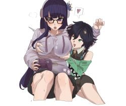 1boy 1girls bonemanjake controller femboy_on_female genshin_impact glasses groping_breasts heart hoodie hoyoverse light-skinned_female light-skinned_male light_skin long_hair long_sleeves mihoyo mouth_open purple_eyes purple_hair raiden_shogun venti_(genshin_impact)