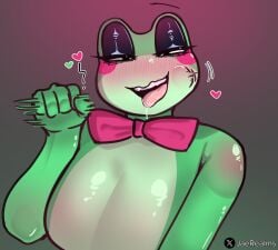 bedroom_eyes big_breasts blowjob blowjob_face blowjob_gesture bow bowtie breasts cheek_bulge cleavage digital_circus eyeshadow female female_focus female_only frog frog_girl hand_gesture horny horny_female jaerealms lust lustful_gaze ribbit_(tadc) ribbit_(the_amazing_digital_circus) solo tadc the_amazing_digital_circus