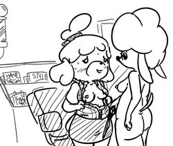 2d alternate_breast_size animal_crossing anthro ass blush breasts breasts_out canine cooltime-fooltime female fur furry harriet_(animal_crossing) isabelle_(animal_crossing) mammal monochrome nintendo nude office_lady poodle sweat video_games