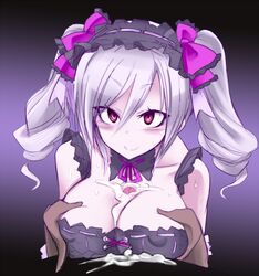 after_sex breasts chiru clothed clothed_female cum cum_on_breasts female gloves idolmaster idolmaster_cinderella_girls kanzaki_ranko looking_at_viewer male paizuri penis pigtails pov red_eyes ribbons silver_hair smile straight sweat