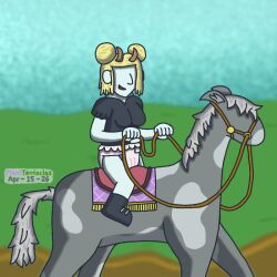 1girls artist_signature blonde_hair blurry_background clean_diaper diaper female horn horse horse_riding maid maid_outfit maid_uniform planttentacles reins riding_horse saddle snow_creature solo wearing_diaper wendigo