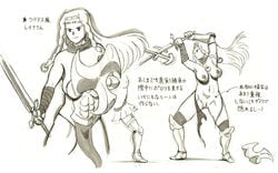 2girls boots breasts caracol fighting large_breasts leina long_hair monochrome queen's_blade shield sword topless torn_clothes traditional_media weapon