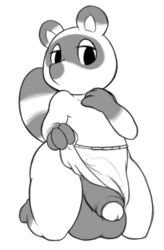 2014 aintsmart animal_crossing anthro apron balls big_balls chubby furry greyscale kneeling looking_at_viewer male male_only mammal monochrome nintendo penis plain_background solo tanuki tom_nook topless uncut white_background