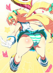 1girls ass bent_over blazblue blonde_hair blush_stickers female from_behind gloves heart highres kaname_nagi long_hair open_mouth panties platinum_the_trinity quad_tails shimapan skirt smile solo striped striped_panties underwear very_long_hair