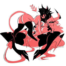 2girls anthro big_breasts bodily_fluids breasts clothing demon demon_girl demon_girls demon_horns demon_humanoid demon_tail demon_wings demoness demons duo female female/female footwear genital_fluids genitals heart_symbol hellaverse helluva_boss high_heels horn horned_humanoid humanoid imp legwear millie_(helluva_boss) nipple_tape pasties saucymist shoes simple_coloring size_difference spade_tail succubus succubus_horns succubus_tail succubus_wings tail tail_fetish tail_play tape thick_thighs thigh_highs vaginal_fluids verosika_mayday vulva yuri