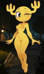 the_amazing_world_of_gumball cartoon_network penny_fitzgerald ai_generated naked_female yellow_body floating park night full_body