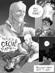 invincible_(comics) invincible_(tv_series) invincible cecil_stedman mark_grayson invincible_(superhero) viltrumite clothed clothing male male_only male/male mature_male mature older_male_and_younger_male 2025 unfruitpourri black_and_white hair shirt white_shirt 2boys teeth teeth_showing teeth_visible english_text english text text_bubble blush scar black_hair pants_removed sweat sweatdrop sweating open_mouth open_eyes younger_male older_male tie legs_apart legs legs_spread embarrassed embarrassed_expression dick erection erect_penis penis cock balls ballsack orgasm cum climaxing climax looking_at_another looking_down looking_at_partner light-skinned_male light_skin