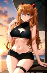 1girl ai ai-created ai_generated alternative_bust_size alternative_costume arm_support asuka_langley asuka_langley_sohryu bare_arms bare_shoulders beach beach_umbrella bikini black_bikini black_shorts black_swimsuit blue_eyes blush breasts brown_hair busty cleavage cleavage_cutout closed_mouth clothing clothing_cutout cloud crop_top female gradient_sky hair_between_eyes hairpods hand_up headgear headwear high_resolution horizon interface_headset large_breasts long_hair looking_at_viewer micro_shorts midriff navel neon_genesis_evangelion ocean orange_hair orange_sky outdoors pantsu parasol pixiv portrait rena_aikawa_(pixiv_user) short_shorts shorts skindentation sky smile solo stable_diffusion stomach sunset swimsuit thigh_strap thighs two_side_up umbrella underboob underwear