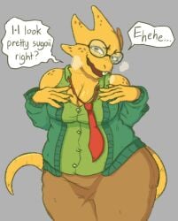 1girl fat_female bbw alphys undertale deltarune scarfychan fully_clothed tight_clothing nervous nervous_smile nervous_sweat nerd nerdy_female scalie musk_clouds big_breasts big_ass