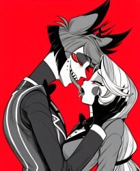 hazbin_hotel alastor_(hazbin_hotel) charlie_morningstar charlie_morningstar_(hazbin_hotel) ai_generated novelai dking1311 vivienne_medrano charlastor kissing kiss long_tongue saliva saliva_trail smile leaning height_difference older_female male female 1girls 1boy clothing clothed simple_background black_and_white cheating cheating_girlfriend sharp_teeth sharp_fingernails horns demon demon_girl deer hand_on_face long_hair short_hair suit