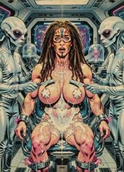 3girls abs ai ai_generated ai_slop alien alien/human alien_abduction alien_girl alien_humanoid alien_on_human auburn_hair bald blue_eyes breasts chair chair_bondage enercell facepaint female grey-skinned_female huge_breasts indoors jumpsuit light-skinned_female looking_at_viewer manacles mouth_open muscular muscular_female navel neanderthal neutral_expression nipples oc original_character razor redhead restrained scared shaving_another shaving_cream sitting spaceship standing teeth_showing thin_female white_female