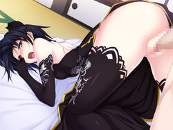 ass back bare_shoulders black_hair black_legwear blue_eyes blush breasts censored elbow_gloves female futon game_cg highres jinchu_lee kawagishi_keitarou legs looking_back maji_de_watashi_ni_koi_shinasai! no_panties open_mouth penis pussy sex short_hair small_breasts sweat thighs vaginal_penetration