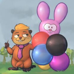 1:1 absurd_res accessory anthro badipoki balloon balloon_fetish balls beaver beaver_tail biped blonde_hair blush bodily_fluids buckteeth cartoon_freckles cloud cum detailed_background dotted_necktie foreskin genital_fluids genitals grass hair hi_res hoppers_(disney) humanoid_genitalia humanoid_penis inflatable jerry_generazzo leaking_cum looking_aside male mammal necktie outside overcast penis plant print_balloon purple_necktie rodent shaped_balloon sky smile smirk solo standing stick teeth tree whiskers