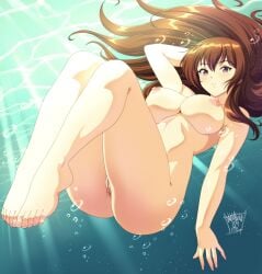 1girl 2025 arm_behind_head artist_name breasts brown_eyes brown_hair commentary completely_nude danmakuman dated day dead_or_alive dot_nose english_commentary full_body highres kasumi_(doa) knees_up large_breasts legs_together long_hair looking_at_viewer nipples nude parted_lips pussy sidelocks signature solo submerged sunlight uncensored variant_set water