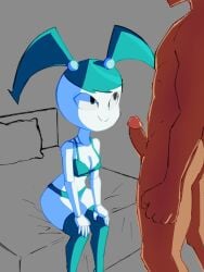 1boy 1girl 1girl1boy android blue_hair bra breekn brikmk jenny_wakeman my_life_as_a_teenage_robot nickelodeon penis robot robot_girl stockings