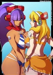 2girls alia big_ass big_breasts bikini blonde_hair blue_bikini blue_eyes blue_swimsuit green_eyes lautricius layer long_hair mega_man mega_man_x mega_man_x_dive orange_bikini orange_swimsuit purple_hair robot_girl swimsuit swimsuit_alia_(x_dive) swimsuit_layer_(x_dive)