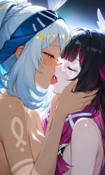 2girls breasts squeezed together french kiss green hair hands on hips kissing naked female pink purple eyes mualani_(genshin_impact) genshin_impact columbina_(genshin_impact) ai_generated