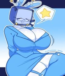 1girls 2026 2d 2d_(artwork) antennae artist_name big_breasts blue_clothes blue_clothing breasts bunny_ears bunny_girl cleavage clothed clothing color colored commission commission_art digital_drawing_(artwork) digital_media_(artwork) female female_focus female_only fully_clothed gradient_background huge_breasts large_breasts puppysnackz screen_face screen_head silvy_(silvythetvbunny) solo solo_female solo_focus speech_bubble stars tagme thighs tv_face tv_head tv_screen tv_woman white_body white_skin wide_hips