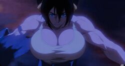 1boy 1girls aged_up avatar_the_last_airbender bare_shoulders big_breasts blind breasts breasts_bigger_than_head busty clevage female grey_eyes huge_breasts large_breasts massive_breasts muscular screencap screenshot screenshot_edit the_legend_of_aang toph_bei_fong