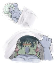 nsfw fantasy oc goblin goblin_female goblin_male shortstack big_breasts blowjob bed blowjob_under_sheets abs artist sombresnuances