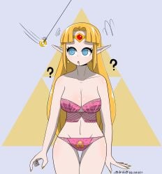 a_link_between_worlds absurdres bangs bare_shoulders blonde_hair blue_eyes bra breasts circlet cleavage coin confused crown drool earrings elf_ears expressionless eyebrows_visible_through_hair female_only femsub jewelry large_breasts large_hips leaning_forward lingerie long_hair nail_polish navel nintendo open_mouth pale_skin panties pendulum princess_zelda signature simple_background sobergin solo spiral_eyes standing surprised text the_legend_of_zelda thick_thighs thigh_gap thighs_together zelda_(a_link_between_worlds)