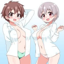 1:1 2d 2d_(artwork) 2girls :d arm_behind_back arm_behind_head arm_up blue_background blush bow bow_panties braless breasts brown_eyes brown_hair collarbone colored commentary_request covered_erect_nipples cowboy_shot genderswap genderswap_(mtf) gradient_background green_panties grey_eyes grey_hair hand_behind_head highres large_breasts long_sleeves looking_at_viewer multiple_girls navel nearly_naked_shirt no_ai no_bra no_bra_under_clothes no_pants one_side_up onii-chan_wa_oshimai! open_clothes open_mouth open_shirt panties pink_panties pixiv sakurada_yuuta sakuzo senkawa_minato short_hair simple_background smile underwear w_arms white_shirt