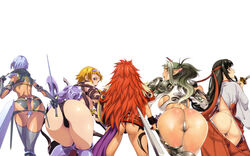 armor artist_request ass black_panties blonde_hair echidna_(queen's_blade) huge_ass irma_(queen's_blade) japanese_clothes leina leina_vance long_hair looking_at_viewer looking_back multiple_girls panties queen's_blade red_hair risty short_hair tagme tattoo thong tomoe_(queen's_blade) white_panties