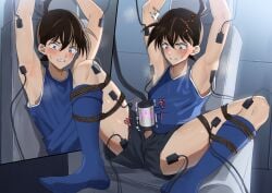 1boy 2d 2d_(artwork) 2d_artwork armpits arms_above_head blue_socks blue_tank_top blush_lines blushing bondage brown_hair chair clenched_teeth clothed clothed_male cowlick detective detective_conan erect_penis erection fanart gay high_school_student japanese_text kousuke_(ko_suke) leaning_back legs_apart legs_spread legs_tied light-skinned_male long_socks machine male male_only malesub milking_machine milking_penis penis penis_out penis_through_fly rope shinichi_kudo shocked_expression short_hair shounen_sunday sitting skinny skinny_male socks solo solo_focus solo_male source_request stimulation sweatdrop tank_top teen teen_boy teenage_male teenager thighhigh_socks tms_entertainment yaoi year_request