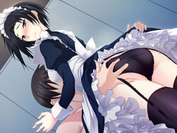 1boy 1girls ass ass_grab backboob black_hair blue_eyes blush breasts clothed_female_nude_male female game_cg highres jinchu_lee kawagishi_keitarou legs looking_down maid maid_headdress maji_de_watashi_ni_koi_shinasai! panties short_hair skirt skirt_lift small_breasts standing thighhighs thighs underwear