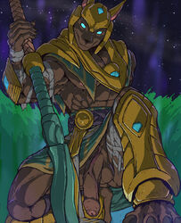 2014 abs anthro ass balls bandage barefoot biceps blue_eyes canine claws clothed clothing ducati ducati_(artist) egyptian eyelashes glowing grasp grass half-dressed hi_res high_resolution highres jackal kneeling league_of_legends looking_at_viewer male male_only mammal manly muscles nasus night nipples pecs penis presenting riot_games shadow sharp_teeth shiny skirt sky solo star teeth toe_claws uncut vein veiny_penis