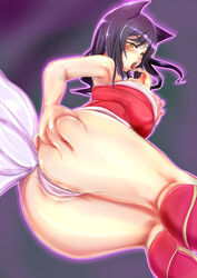 ahri animal_ears ass ass_grab bare_shoulders black_hair blush boots chiyo_koharu deep_skin female finger_to_mouth fox_ears fox_tail grabbing_own_ass league_of_legends long_hair looking_at_viewer looking_down multiple_tails nipples panties partially_visible_vulva pink_panties raised_eyebrows solo tail thighs tongue underwear