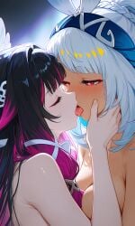 2girls breasts squeezed together french kiss green hair hands on hips kissing naked female pink purple eyes mualani_(genshin_impact) genshin_impact columbina_(genshin_impact) ai_generated
