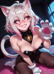 1girl 2026 ahoge ai_generated animal_ear_fluff animal_ears animal_hands animal_tail anime bangs bare_shoulders bed bell black_leotard black_pantyhose breasts briar_(league_of_legends) cat_ears cat_girl cat_tail cleavage collar eye_contact female female_focus gloves gradient_hair grey_hair grin hair_between_eyes hand_up handwear highres huge_breasts indoors inside jingle_bell large_breasts league_of_legends leotard lips looking_at_viewer makeup medium_breasts medium_hair multicolored_hair neck_bell nsfw on_bed pantyhose patreon paw_gloves pink_eyes pink_hair pink_lips pointy_ears riot_games rognezart short_hair sitting smile smiling solo tail teeth wariza white_gloves