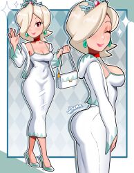 1girls wiluma white_mage white_mage_(mario) mario_(series) mario_hoops_3_on_3 nintendo tiara hair earrings ear_piercing sparkles headwear hair_over_one_eye lips pink_lips pink_lipstick lipstick closed_eyes smile neckwear choker red_nails red_nail_polish nails nail_polish purse holding_object hips big_breasts breasts sideboob side_view close-up big_ass ass high_heels heels footwear solo solo_female female female_only alternate_version_available alternate_color alternate_color_scheme alternate_hair_color alternate_eye_color red_eyes jacket white_jacket white_dress dress clothing ass_in_dress white_hair