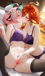 2girls ai_generated alternate apart ass bed bedroom big blush breasts butt clothed costume exposed eyes female fingering focus genshin_impact hair hips legs lesbian light light-skinned lingerie masturbating mature mavuika_(genshin_impact) medium night only pale pale-skinned partially ponytail purple pussy sex shy skin thick thighs uncensored varesa_(genshin_impact) yuri