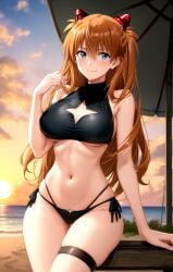 1girl ai-created ai_generated alternative_bust_size alternative_costume arm_support asuka_langley asuka_langley_sohryu bare_arms bare_shoulders beach beach_umbrella bikini bikini_bottom black_bikini black_swimsuit blue_eyes blush breasts brown_hair busty cleavage cleavage_cutout closed_mouth clothing clothing_cutout cloud female gluteal_fold gradient_sky hair_between_eyes hairpods hand_up headgear headwear high_resolution horizon interface_headset large_breasts long_hair looking_at_viewer navel ocean orange_hair orange_sky outdoors parasol pixiv portrait rena_aikawa_(pixiv_user) side-tie_bikini side-tie_bikini_bottom side-tie_clothing side-tie_swimsuit skindentation sky smile solo stable_diffusion stomach sunset swimsuit thigh_gap thigh_strap thighs two_side_up umbrella underboob very_long_hair