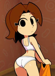 1girl 1girls :/ ass back bare_arms bare_shoulders black_eyes blurry_background blush bra breasts brown_hair closed_mouth clothing cowboy_shot expressionless female from_behind hair_ornament hairclip holding holding_clothes holding_shirt indoors light_frown looking_at_viewer looking_back medium_breasts medium_hair mii mii_gunner mii_gunner_(smash_4) nintendo no_pupils orange_shirt panties pantsu parted_bangs scott_falco scottfalco_(artist) shiny_skin shirt short_hair solo sports_bra standing super_smash_bros super_smash_bros. super_smash_bros._for_nintendo_3ds_and_wii_u training_bra underwear underwear_only undressing unworn_shirt white_bra white_panties white_underwear