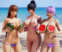 3d 3girls ayane_(doa) bikini_bottom black_hair bottomless breasts brown_eyes brown_hair dead_or_alive enslaverofhumanity food fruit kasumi_(doa) large_breasts looking_at_viewer melon nyotengu standing summer