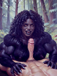 1boy 1boy1girl 1girls abs ai ai_generated ai_slop amber_eyes black_female black_hair black_lipstick breasts claws curly_hair dark-skinned_female earring enercell erection faceless_male fangs female female/male female_focus female_on_male female_on_top forest fur furry_arms furry_breasts furry_chest furry_female furry_shoulders happy hetero hetero_sex heterosexual interracial large_breasts large_penis lipstick long_hair looking_at_viewer male male_on_bottom mouth_open muscular muscular_male nipples noirette oc on_back on_stomach original_character outdoors outercourse paizuri pale-skinned_male pecs penis pierced_ear piercing pubic_hair sex sex_from_front smile titfuck titjob vascular werewolf werewolf_girl white_male