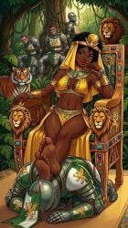 1girl 4boys african_female afro ai_generated barefoot bdsm beaten black_eyes black_female black_girl bracelet breasts clothed clothed_sub crown dark-skinned_female dark_hair dark_skin dominant dominant_female domination ebony ebony_female feet feet_fetish femdom foot_fetish foot_focus footrest footstool goddess gold_jewelry golden_bikini golden_bracelets golden_jewelry golden_necklace golden_throne happy happy_dom happy_female hips humiliated humiliation humiliation_fetish jewelry kneeling legs loser medium_breasts mistress mistress_and_slave necklace on_knees original_character princess queen royalty sexy_feet sexy_female sexy_smile sitting sitting_on_chair sitting_on_throne slave slavery smile smiling smiling_at_viewer submissive throne toes winner yellow_bra knight knight_armor gagged gagged_male loser_submits bound bondage tied_up tiger lion jungle soles soles_fetish human_furniture human_footstool foot_stool tree defeated malesub execution smiling_female sad_sub mocking relaxed_expression relaxing