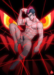 1boy absolumterror bandaid bandaid_on_nose black_hair bound erection highres kill_la_kill kinagase_tsumugu logo male male_only mohawk multicolored_hair muscle nude red_string senketsu solo string tied_up two_tone_hair