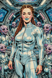 1girl6boys 1girls 6boys ai ai_assisted ai_generated alien alien/human alien_abduction alien_boy alien_humanoid bald black_eyes blue_lipstick brown_eyes bulge bulge_through_clothing cornrows enercell happy indoors jumpsuit latex latex_suit light-skinned_female lipstick long_hair looking_at_viewer neanderthal oc original_character purple-skinned_male red_hair redhead short_male silver_latex smile spaceship standing toned toned_female white_female