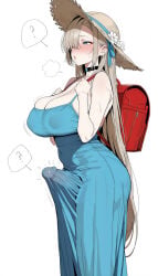 ai_generated ai highres absurdres futanari 1futa asuna_(blue_archive) blue_archive light_brown_hair hair_over_one_eye very_long_hair asymmetrical_bangs hair_ribbon sweat sweatdrop looking_to_the_side confused :o steam_from_mouth nose_blush blush large_breasts black_choker taut_clothes backless_dress blue_dress long_dress spaghetti_strap skindentation tight_clothes backpack red_backpack wide_brim sun_hat erection_under_clothes standing covered_penis simple_background white_background steaming_body question_mark spoken_question_mark