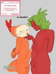 2boys blushing cock cock_size_difference dandy's_world dandys_world flustered holding_chin looking_away male_only praise precum shrimpo_(dandy's_world) sprout_(dandy's_world) submissive tail text tied_up